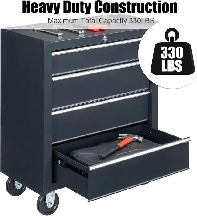 Alt view image 6 of 6 - 4-Drawer Tool Chest with Wheels & Lock & Key, Heavy Duty Cart Rolling Tool Box on Wheels, Metal Storage Cabinet, Rolling Tool Cart with Drawers for Garage, Warehouse & Repair Shop