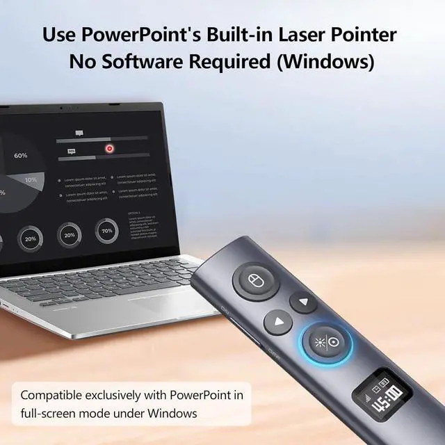 Alt view image 6 of 7 - N95s BLE Presentation Clicker with Digital Pointer for PowerPoint Presentation on TV Screen and Projection Screen, Wireless Presenter Remote with Countdown Timer (Green Light-USB-AC)