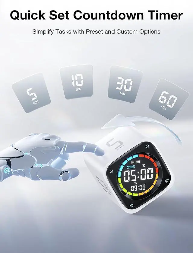 Alt view image 3 of 7 - TK3 Pomodoro Timer Cube, Desk Productivity Timer with 5/10/30/60 Min Presets, Custom Countdown, Stopwatch, Clock, 3 Alarm, Silent, Vibrate & Sound Alert, for Task, ADHD, Study, Kitchen, White