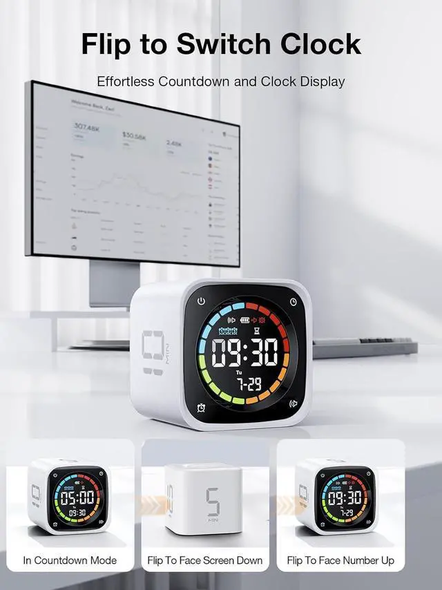Alt view image 5 of 7 - TK3 Pomodoro Timer Cube, Desk Productivity Timer with 5/10/30/60 Min Presets, Custom Countdown, Stopwatch, Clock, 3 Alarm, Silent, Vibrate & Sound Alert, for Task, ADHD, Study, Kitchen, White