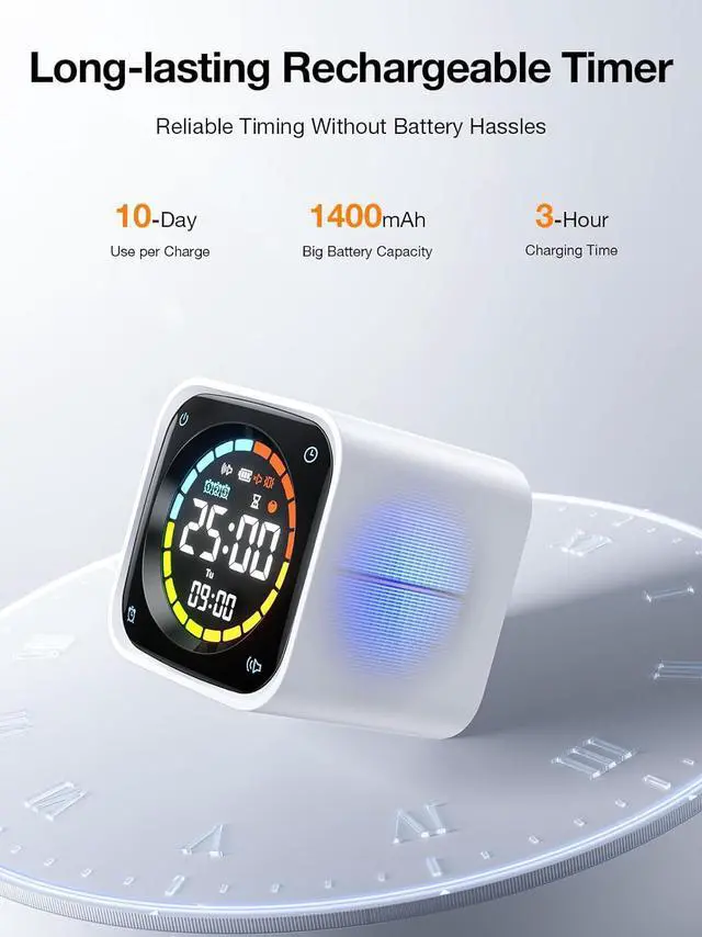 Alt view image 7 of 7 - TK3 Pomodoro Timer Cube, Desk Productivity Timer with 5/10/30/60 Min Presets, Custom Countdown, Stopwatch, Clock, 3 Alarm, Silent, Vibrate & Sound Alert, for Task, ADHD, Study, Kitchen, White