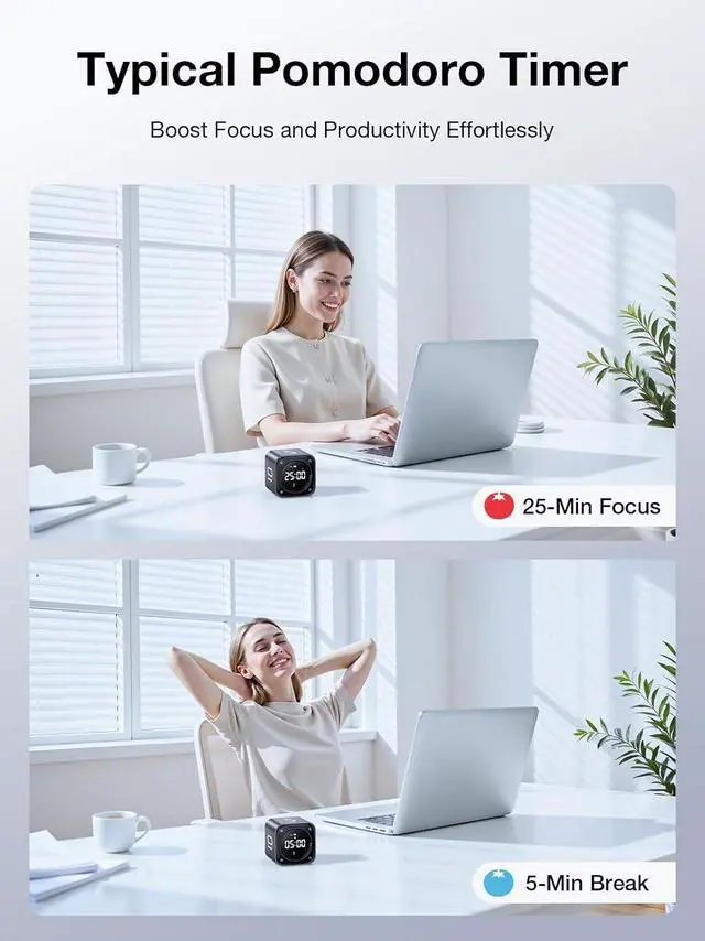 Alt view image 2 of 7 - TK3 Pomodoro Timer Cube, Desk Productivity Timer with 5/10/30/60 Min Presets, Custom Countdown, Stopwatch, Clock, 3 Alarm, Silent, Vibrate & Sound Alert, for Task, ADHD, Study, Kitchen, Black