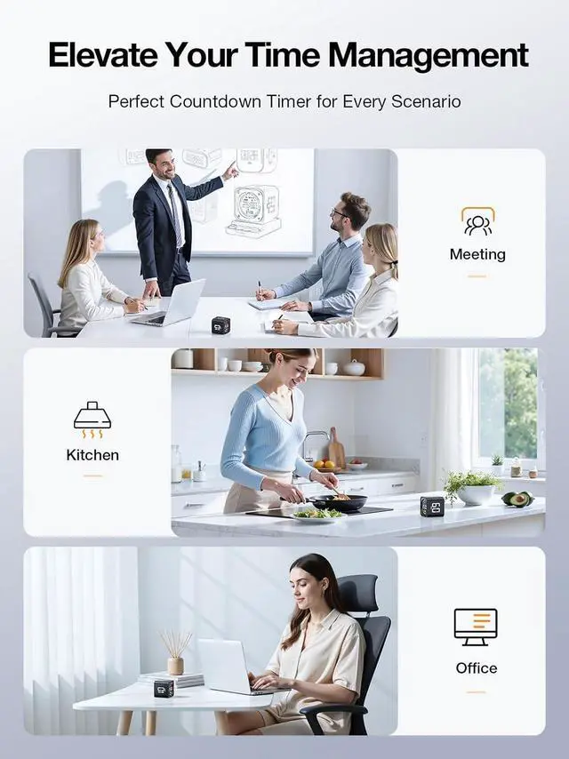 Alt view image 4 of 7 - TK3 Pomodoro Timer Cube, Desk Productivity Timer with 5/10/30/60 Min Presets, Custom Countdown, Stopwatch, Clock, 3 Alarm, Silent, Vibrate & Sound Alert, for Task, ADHD, Study, Kitchen, Black