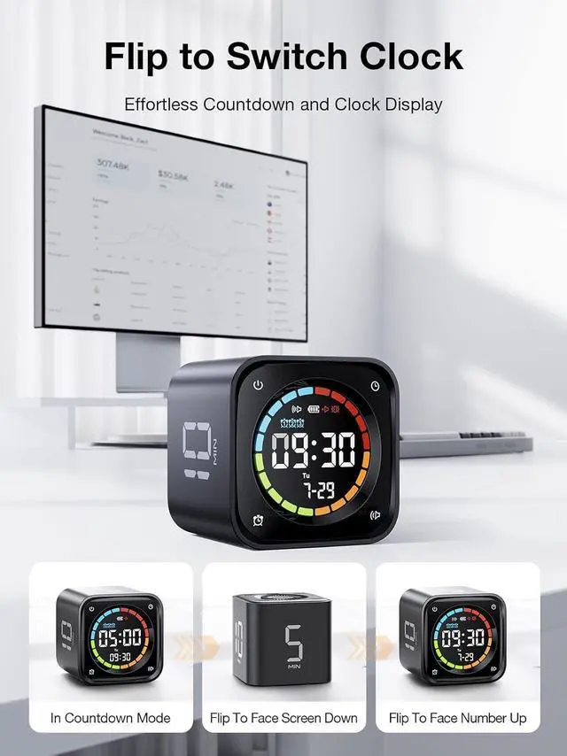 Alt view image 5 of 7 - TK3 Pomodoro Timer Cube, Desk Productivity Timer with 5/10/30/60 Min Presets, Custom Countdown, Stopwatch, Clock, 3 Alarm, Silent, Vibrate & Sound Alert, for Task, ADHD, Study, Kitchen, Black