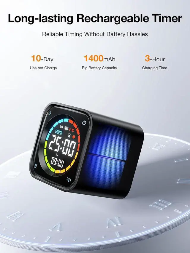 Alt view image 7 of 7 - TK3 Pomodoro Timer Cube, Desk Productivity Timer with 5/10/30/60 Min Presets, Custom Countdown, Stopwatch, Clock, 3 Alarm, Silent, Vibrate & Sound Alert, for Task, ADHD, Study, Kitchen, Black