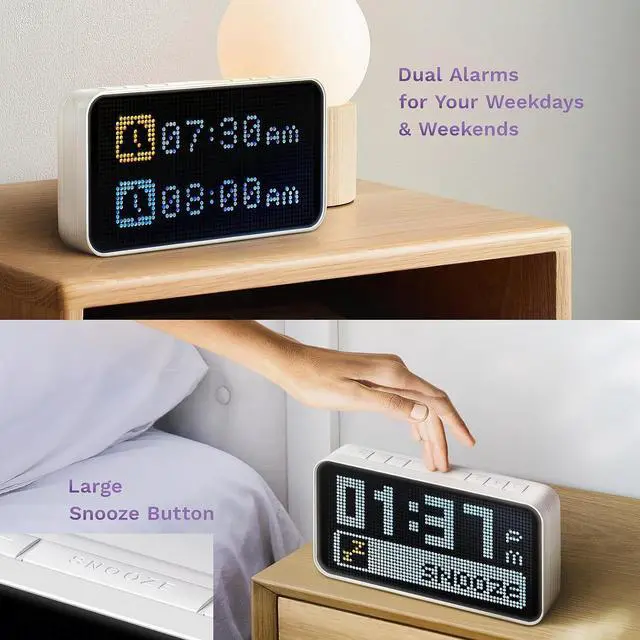 Alt view image 2 of 7 - PixelRise Smart Alarm Clock for Bedroom,Pixel Art LED Dot Matrix Display, Weather Temperature Animation, Loud Dual Alarm for Heavy Sleeper, Sleep White Noise, WiFi Weather & Time Sync, App