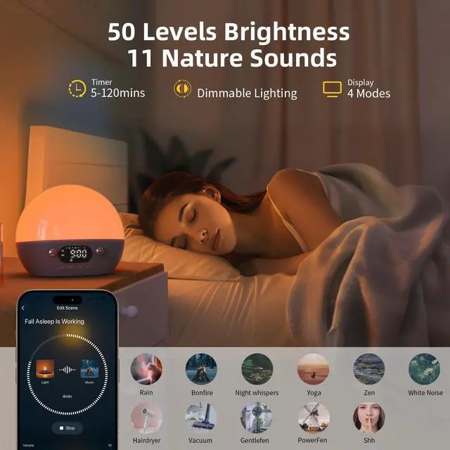 Alt view image 6 of 7 - Sunrise Alarm Clock- Bluetooth Speaker with Smart Alarm Clocks for Bedrooms, Alexa & APP Control, 11 White Noise Sound Machine, Sunset Night Light Wake up Light for Kids& Heavy Sleepers