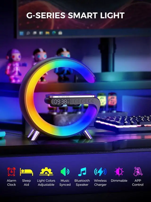 Alt view image 2 of 7 - Wake Up Light, Wireless Charger Atmosphere Desk Light with Bluetooth Speaker White Noise App Control Dimmable Sunrise & Sunset Simulation Dual Alarm Clock Smart Light for Home Decor