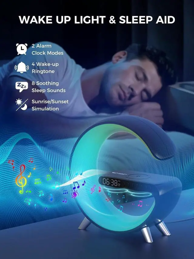 Alt view image 3 of 7 - Wake Up Light, Wireless Charger Atmosphere Desk Light with Bluetooth Speaker White Noise App Control Dimmable Sunrise & Sunset Simulation Dual Alarm Clock Smart Light for Home Decor