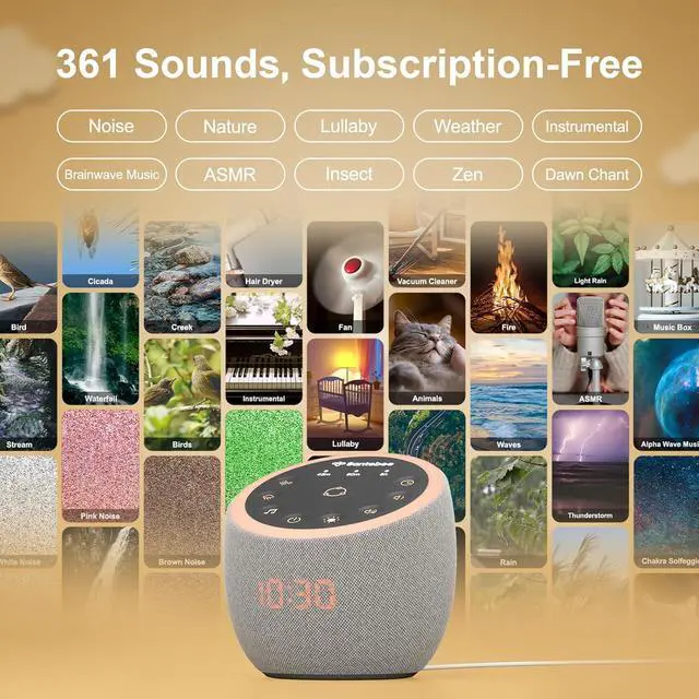Alt view image 2 of 7 - White Noise Sound Machine for Sleeping, 361 Soothing Sounds, Smart APP Control, Custom Buttons, Non Looping Natural Sounds, Bedside Dimmable Clock, Night Light,  for Adults Baby Kids Lullaby