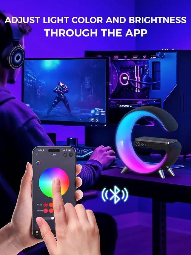 Alt view image 4 of 7 - Wake Up Light, Wireless Charger Atmosphere Desk Light with Bluetooth Speaker White Noise App Control Dimmable Sunrise & Sunset Simulation Dual Alarm Clock Smart Light for Home Decor