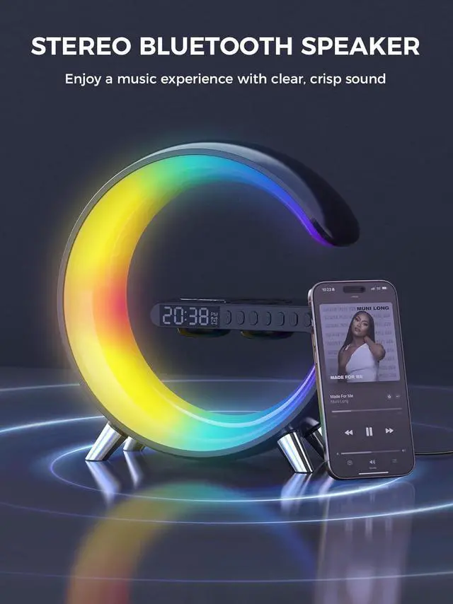 Alt view image 5 of 7 - Wake Up Light, Wireless Charger Atmosphere Desk Light with Bluetooth Speaker White Noise App Control Dimmable Sunrise & Sunset Simulation Dual Alarm Clock Smart Light for Home Decor