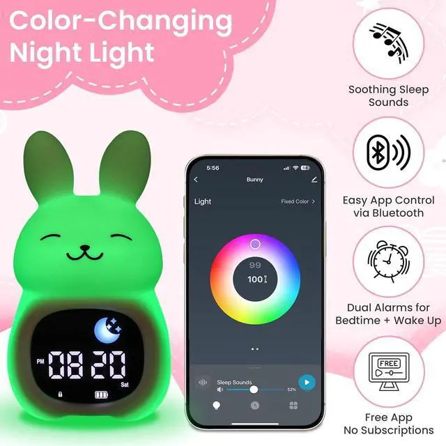 Alt view image 2 of 7 - Go & Glow Bunny App Control Kids Alarm Clock  Digital Sleep Trainer with USB-C Corded, 8 Night Light Colors, 6 Soothing Sounds, 12/24H Routine Trainer, Gift for Boys & Girls