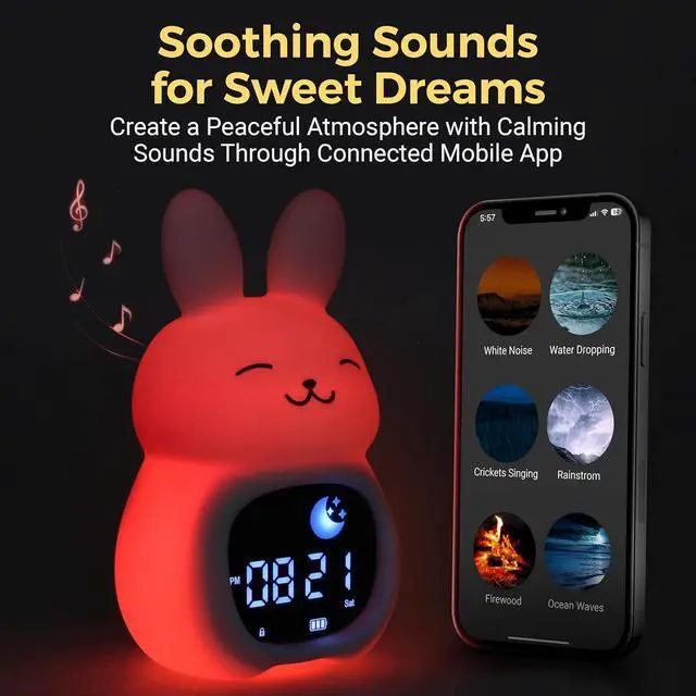 Alt view image 7 of 7 - Go & Glow Bunny App Control Kids Alarm Clock  Digital Sleep Trainer with USB-C Corded, 8 Night Light Colors, 6 Soothing Sounds, 12/24H Routine Trainer, Gift for Boys & Girls