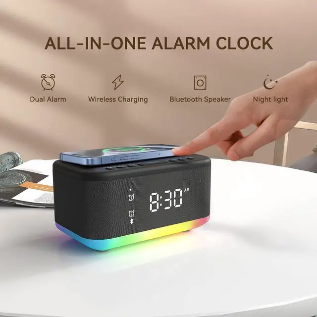 Alt view image 2 of 7 - Wireless Charging Alarm Clock Bedroom, Loud Digital Alarm Clocks Bedrooms, Alarm Clock Night Light Speaker 8W Snooze Dual Alarm 12/24H Adjustable Brightness Dimmer Bluetooth, Black