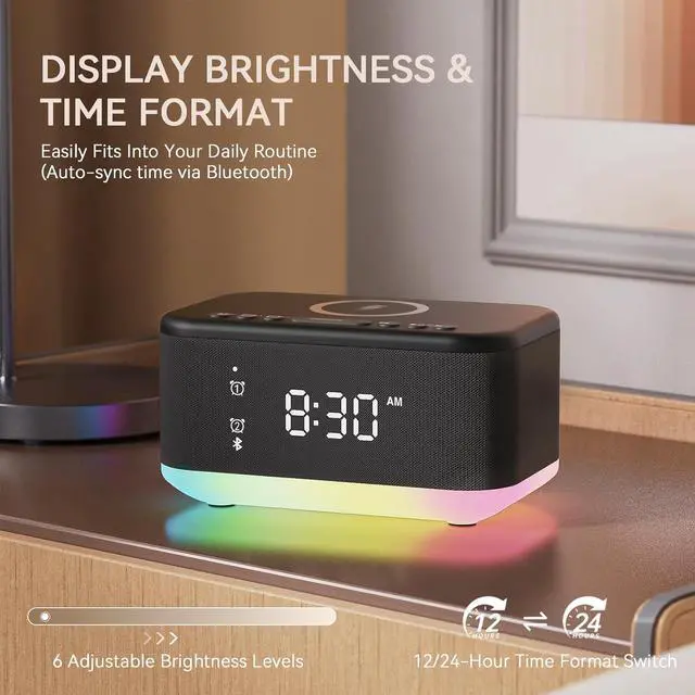 Alt view image 3 of 7 - Wireless Charging Alarm Clock Bedroom, Loud Digital Alarm Clocks Bedrooms, Alarm Clock Night Light Speaker 8W Snooze Dual Alarm 12/24H Adjustable Brightness Dimmer Bluetooth, Black