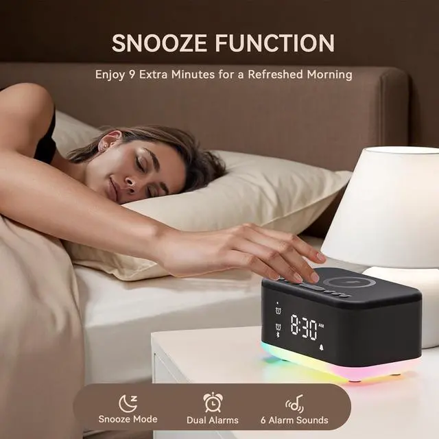 Alt view image 4 of 7 - Wireless Charging Alarm Clock Bedroom, Loud Digital Alarm Clocks Bedrooms, Alarm Clock Night Light Speaker 8W Snooze Dual Alarm 12/24H Adjustable Brightness Dimmer Bluetooth, Black