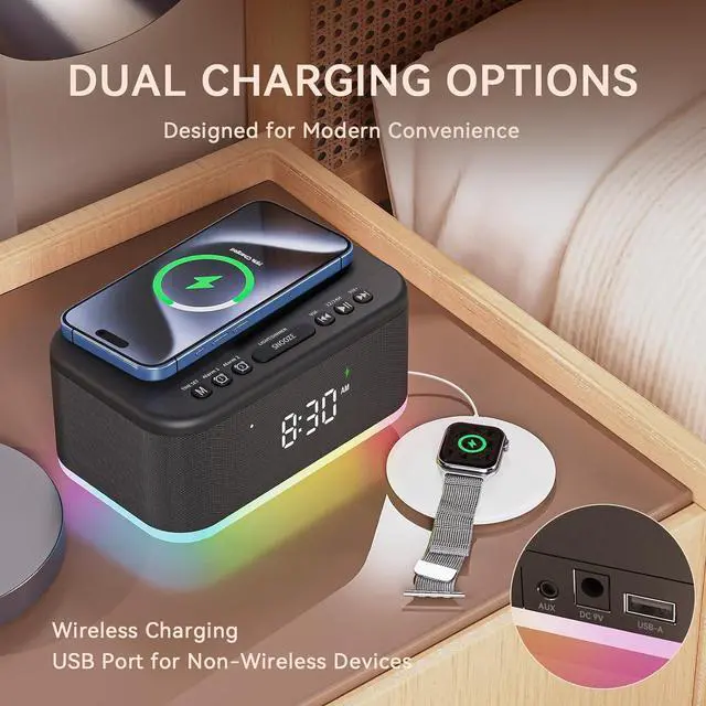 Alt view image 5 of 7 - Wireless Charging Alarm Clock Bedroom, Loud Digital Alarm Clocks Bedrooms, Alarm Clock Night Light Speaker 8W Snooze Dual Alarm 12/24H Adjustable Brightness Dimmer Bluetooth, Black