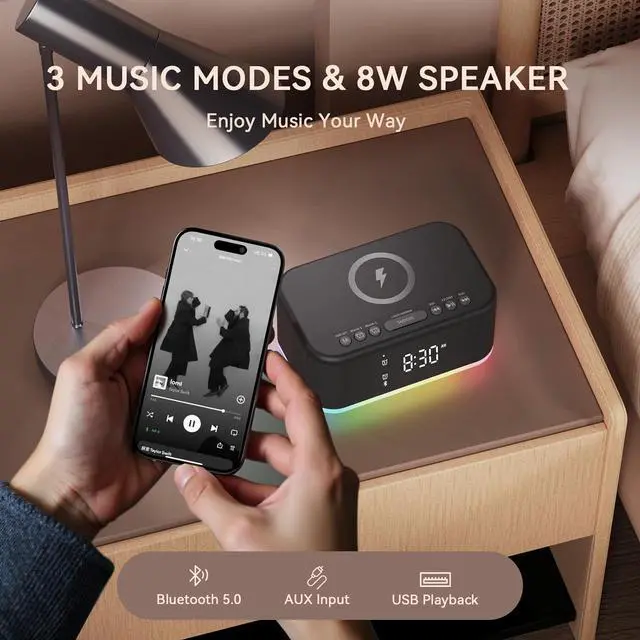 Alt view image 6 of 7 - Wireless Charging Alarm Clock Bedroom, Loud Digital Alarm Clocks Bedrooms, Alarm Clock Night Light Speaker 8W Snooze Dual Alarm 12/24H Adjustable Brightness Dimmer Bluetooth, Black