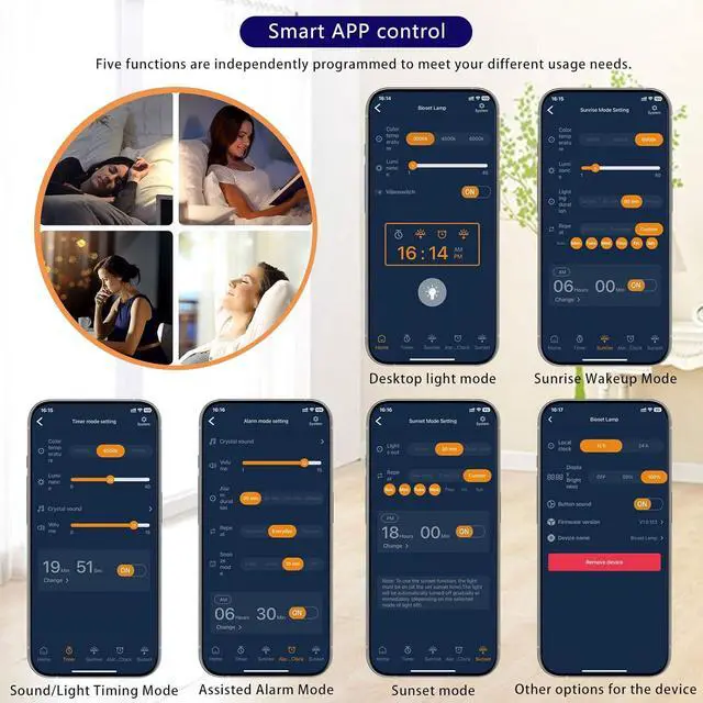 Alt view image 4 of 7 - Bedside Table Wake up Light Alarm Lamp APP Control Sound and Light Awakening Sunrise Alarm Clock lamp Bioclock Adjustment LED lamp Built-in White Noise nightstand Lamp 3 Color Adjustable