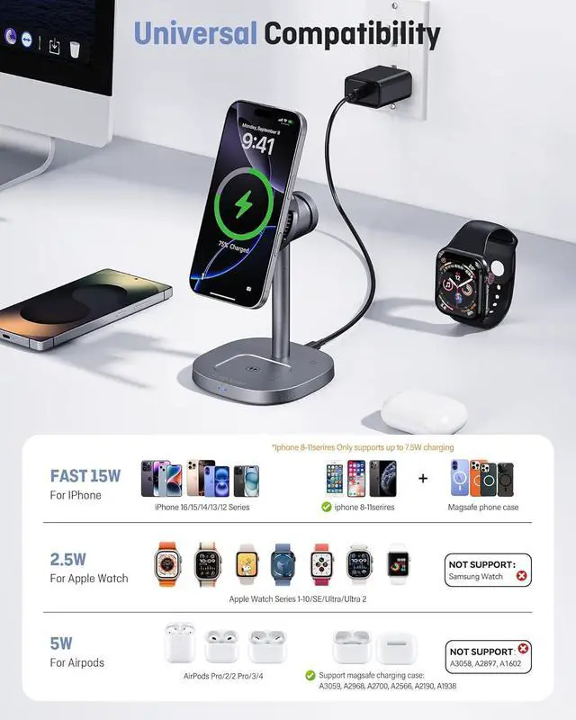 Alt view image 3 of 7 - 2025 New Magnetic Wireless Charger Stand with TEC Active Cooling 15W Qi2-Certified 3 in 1 Charging Station for  Charger Stand Wireless Charger for iPhone17/16/15/14/13/12  Watch AirPods