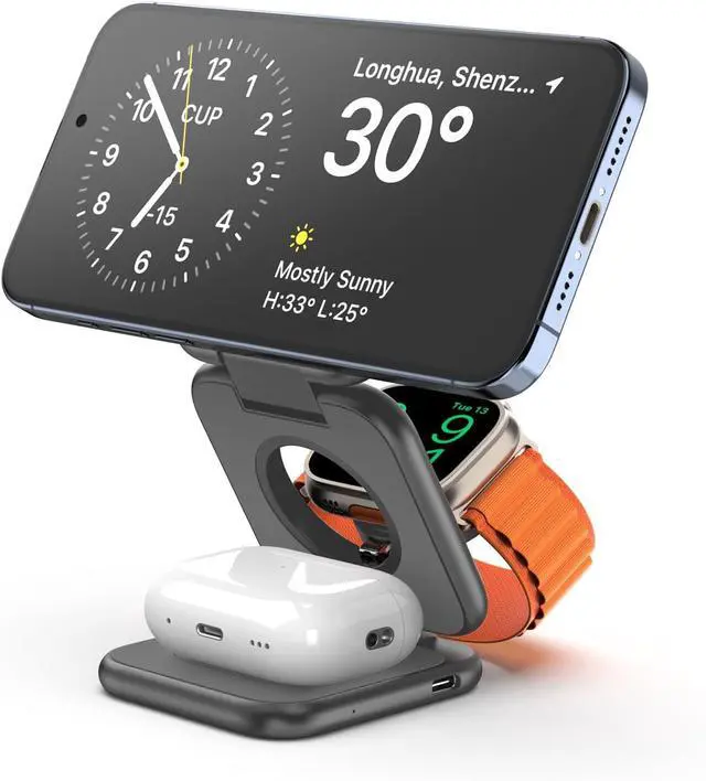 Main image of X55 Plus 3 in 1 Charging Station for Apple Devices, Magnetic Foldable Wireless Charger 15W Fast Charging Pad for iPhone 16/15/14/13/12, for Apple Watch, for AirPods 3/2/Pro - Gray