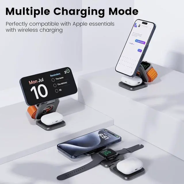 Alt view image 4 of 7 - X55 Plus 3 in 1 Charging Station for Apple Devices, Magnetic Foldable Wireless Charger 15W Fast Charging Pad for iPhone 16/15/14/13/12, for Apple Watch, for AirPods 3/2/Pro - Gray