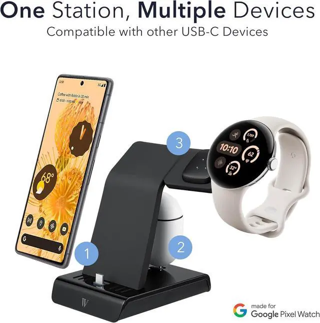 Alt view image 2 of 7 - 3-in-1 Wired Charging Station Made for Google Pixel, Pixel Buds, Fitbit Charge 5, 6, Versa 3, 4, Sense, Sense 2, Ace LTE & Pixel Watch 3 - NOT Compatible with Pixel Watch - (Black)
