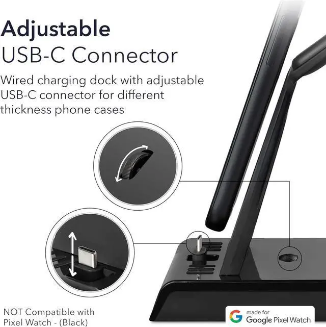Alt view image 3 of 7 - 3-in-1 Wired Charging Station Made for Google Pixel, Pixel Buds, Fitbit Charge 5, 6, Versa 3, 4, Sense, Sense 2, Ace LTE & Pixel Watch 3 - NOT Compatible with Pixel Watch - (Black)