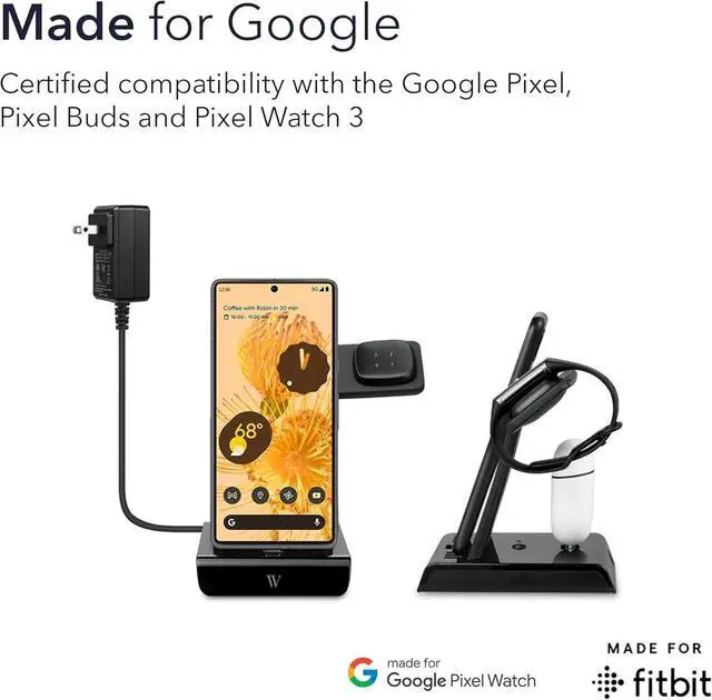 Alt view image 5 of 7 - 3-in-1 Wired Charging Station Made for Google Pixel, Pixel Buds, Fitbit Charge 5, 6, Versa 3, 4, Sense, Sense 2, Ace LTE & Pixel Watch 3 - NOT Compatible with Pixel Watch - (Black)