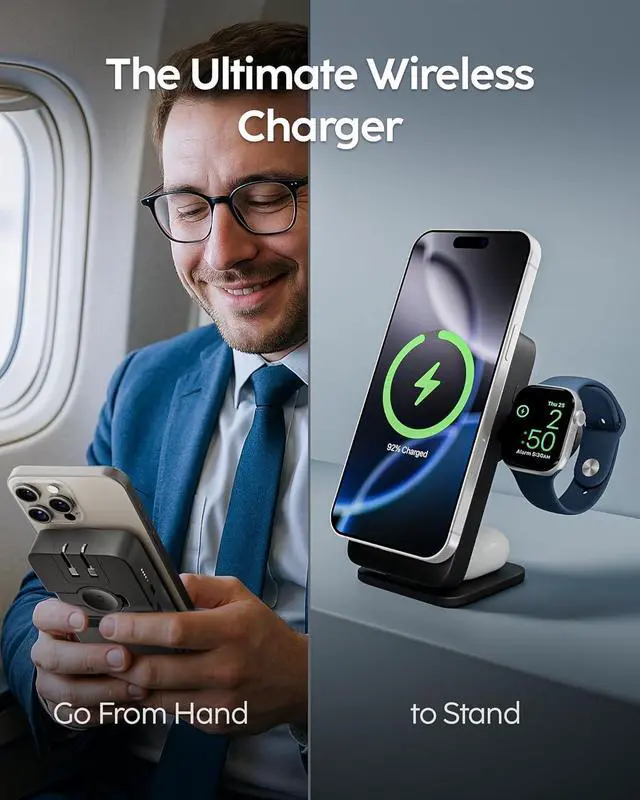 Alt view image 2 of 6 - EcoHub 3 in 1 Apple Charging Station & Magsafe Battery Pack | Wireless Charger for iPhone, iWatch, AirPods | Magnetic Portable Charger with Wall Plug | Travel-Ready & Foldable