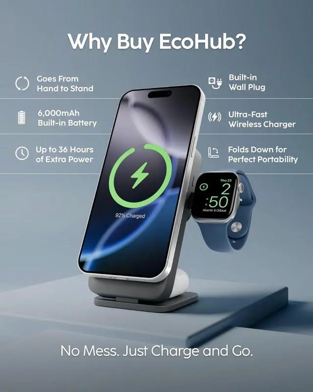 Alt view image 6 of 6 - EcoHub 3 in 1 Apple Charging Station & Magsafe Battery Pack | Wireless Charger for iPhone, iWatch, AirPods | Magnetic Portable Charger with Wall Plug | Travel-Ready & Foldable