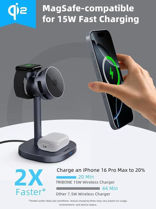 Alt view image 3 of 7 - 2025 New  3 in 1 Magsafe Wireless Charger Stand for iPhone 16 Charger, Qi2 Certified 15W Wireless Charger, Fast Cooling Charger Station for iPhone 16/15/14/13/12, for Apple Watch, AirPods