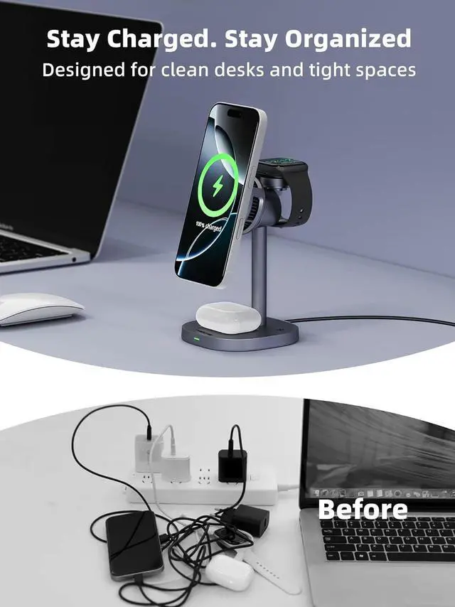 Alt view image 6 of 7 - 2025 New  3 in 1 Magsafe Wireless Charger Stand for iPhone 16 Charger, Qi2 Certified 15W Wireless Charger, Fast Cooling Charger Station for iPhone 16/15/14/13/12, for Apple Watch, AirPods