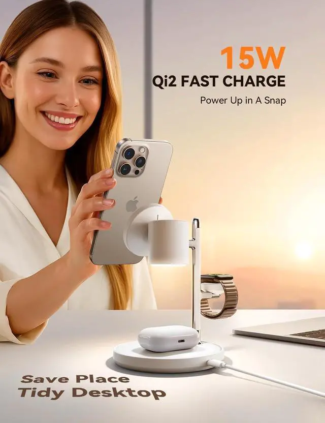 Alt view image 5 of 7 - 15W MagSafe for , Fast Qi2 Certified 4-in-1 MagSafe Charging Station for Apple, Wireless Charger for iPhone 16/15/14/13/12 Pro Max Series, iWatch, AirPods 4/3/2/Pro(Cable& 30W Adapter Included)