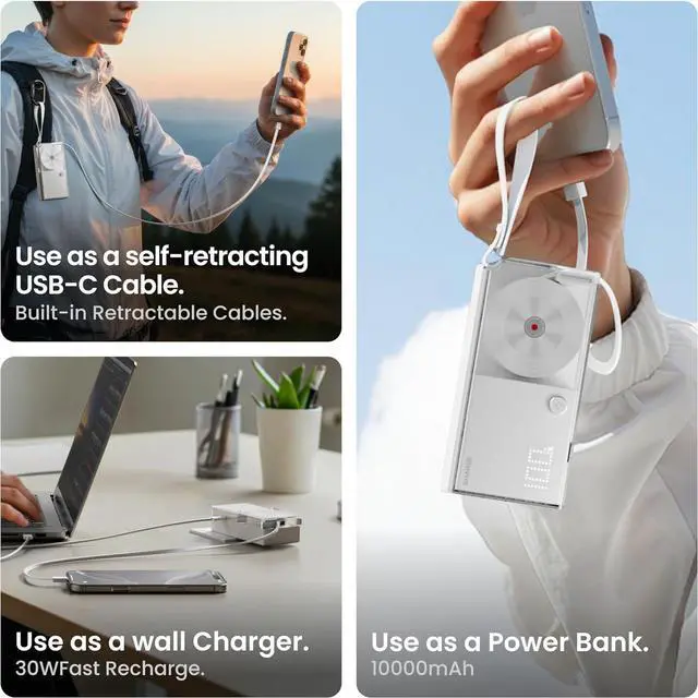 Alt view image 3 of 7 - 3 in 1 Portable Charger Power Bank 10000mAh with Built-in Retractable Cables and Foldable Wall Plug, 30W Max Travel Essentials Battery Pack Fast Charging Powerbank for iPhone 16 15 14 Pixel
