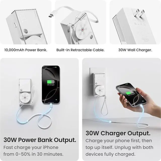 Alt view image 2 of 7 - 3 in 1 Portable Charger Power Bank 10000mAh with Built-in Retractable Cables and Foldable Wall Plug, 30W Max Travel Essentials Battery Pack Fast Charging Powerbank for iPhone 16 15 14 Pixel