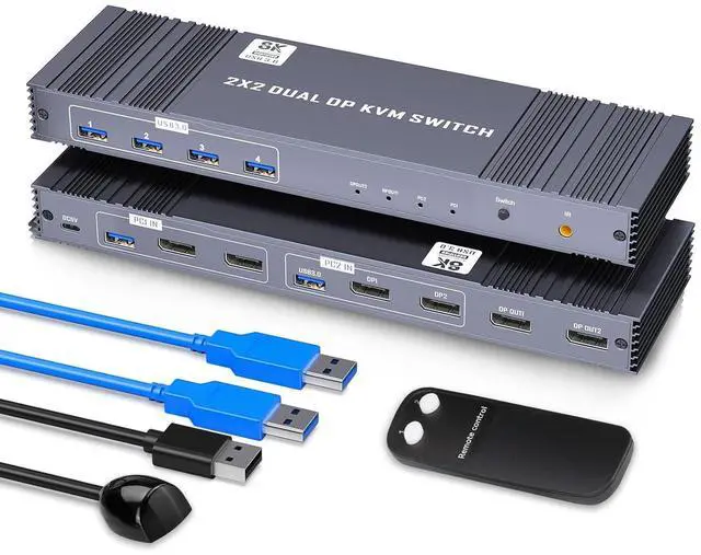 Main image of 8K KVM Switch 2 Monitors 2 Computers Displayport, DP+DP 4K@144Hz USB3.0 Dual Monitor KVM Switches for 2 PC Sharing 2 Monitor of 1 Set Keyboard Mouse and USB Device, with IR Controller
