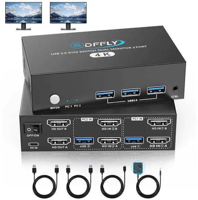 Main image of USB 3.0 HDMI KVM Switch 2 Monitors 2 Computers 4K@60Hz, KVM Switches Dual Monitor with 3 USB 3.0 Ports Sharing Keyboard and Mouse, Printer/Scanner, Desktop Controller, EDID Compatible