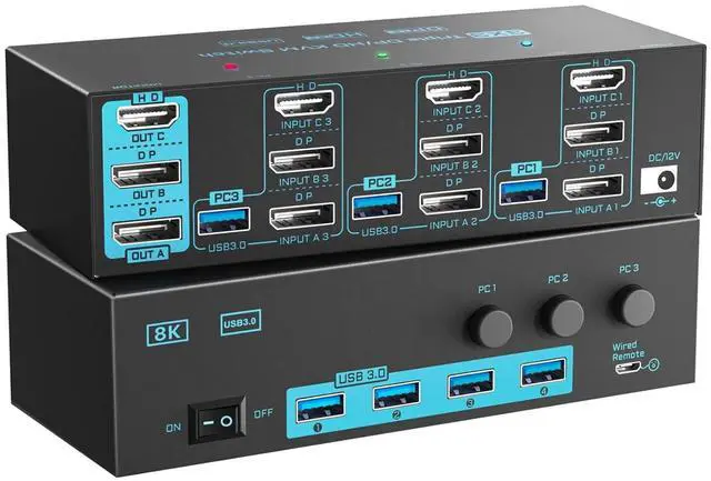 Main image of 8K/4K Triple Monitor KVM Switch 3 Monitors 3 Computers 3 Port 2 Displayport 1.4 and HDMI 2.1 USB 3.0 KVM Switches, DP 1.4 Supports 8K@30Hz/4K@144Hz, HDMI Supports 8K@60Hz /4K@120Hz with Wired Remote