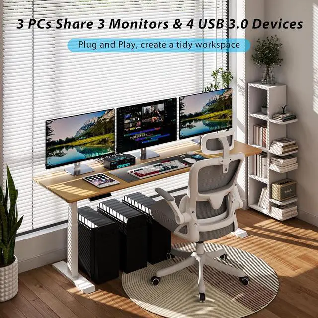 Alt view image 2 of 7 - 8K/4K Triple Monitor KVM Switch 3 Monitors 3 Computers 3 Port 2 Displayport 1.4 and HDMI 2.1 USB 3.0 KVM Switches, DP 1.4 Supports 8K@30Hz/4K@144Hz, HDMI Supports 8K@60Hz /4K@120Hz with Wired Remote