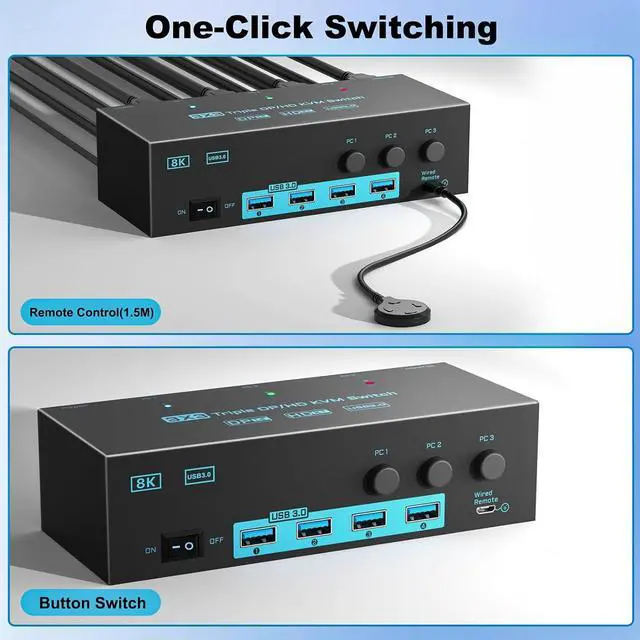 Alt view image 5 of 7 - 8K/4K Triple Monitor KVM Switch 3 Monitors 3 Computers 3 Port 2 Displayport 1.4 and HDMI 2.1 USB 3.0 KVM Switches, DP 1.4 Supports 8K@30Hz/4K@144Hz, HDMI Supports 8K@60Hz /4K@120Hz with Wired Remote