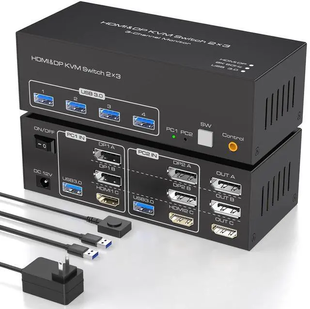 Main image of 8K60Hz HDMI Displayport KVM Switch 3 Monitors 2 Computers 4K120Hz Triple Monitor KVM Switches Displayport for 2 PC Sharing 3 Monitors and 4 USB 3.0 Devices Supports Extended and Copy Mode SW232