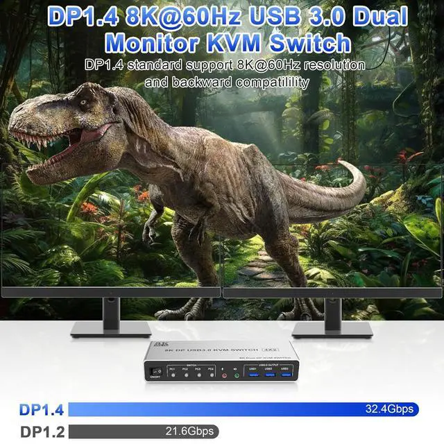 Alt view image 4 of 7 - 8K@60Hz USB3.0 Displayport KVM Switch 2 Monitors 4 Computers, 4 Port DP1.4 Dual Monitor Displayport KVM Switch with Audio, Microphone and 3 USB3.0, Dual Monitors Displayport KVM Switch for 4PCs