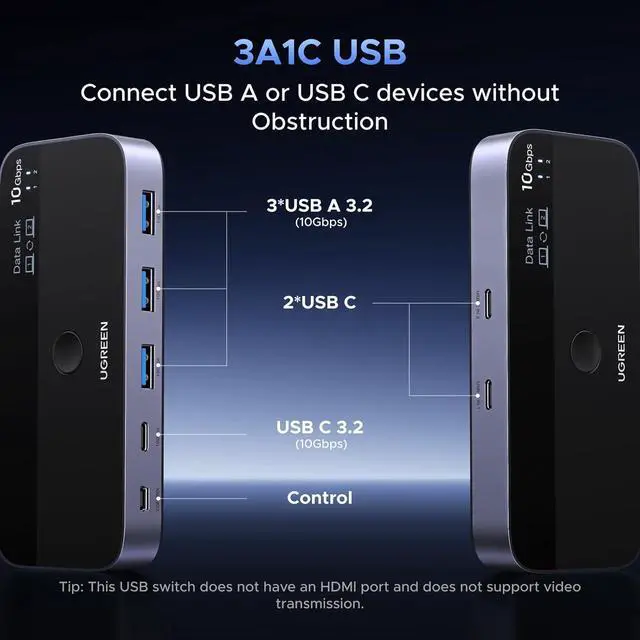Alt view image 7 of 7 - 10 Gbps USB-C Switch Support File Sync & Cross-Screen Drag, USBC 3.2 Switch 2 Computers Share 4 USB 3.2 Gen 2 Ports, USB Switcher Selector Sharing Keyboard and Mouse with Controller