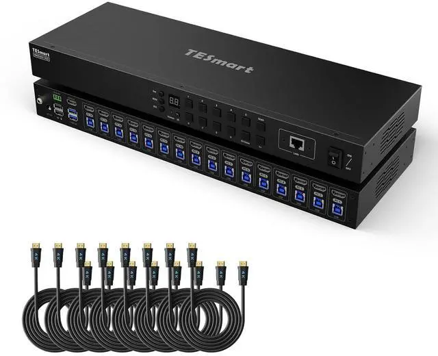 Main image of 16X1 HDMI KVM Switch USB 3.0, 4K@60Hz Rackmount KVM 16 Port Enterprise-Grade EDID Emulator | Hotkey Switch | RS232 | LAN Port | IR Remote | IP Control | Auto Scan | with 8 Pcs 5ft KVM Cable