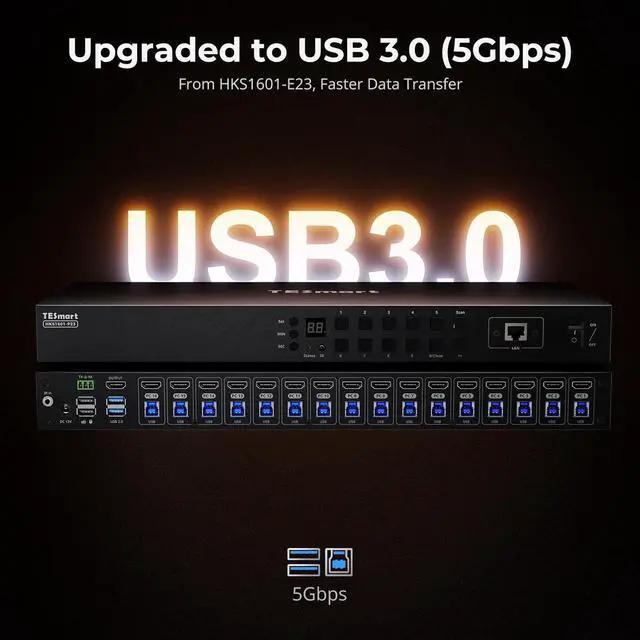 Alt view image 3 of 7 - 16X1 HDMI KVM Switch USB 3.0, 4K@60Hz Rackmount KVM 16 Port Enterprise-Grade EDID Emulator | Hotkey Switch | RS232 | LAN Port | IR Remote | IP Control | Auto Scan | with 8 Pcs 5ft KVM Cable