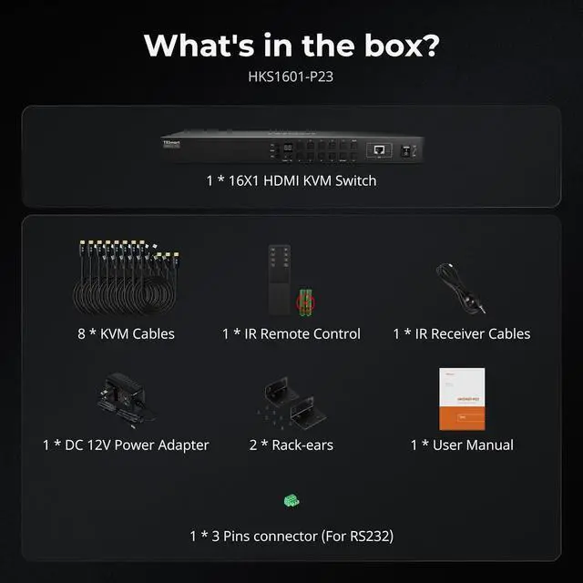 Alt view image 7 of 7 - 16X1 HDMI KVM Switch USB 3.0, 4K@60Hz Rackmount KVM 16 Port Enterprise-Grade EDID Emulator | Hotkey Switch | RS232 | LAN Port | IR Remote | IP Control | Auto Scan | with 8 Pcs 5ft KVM Cable