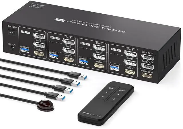 Main image of 8K 2 Displayport HDMI KVM Switch 4 Computers 3 Monitors 4K144Hz for 4 PC Sharing Triple Monitor and 4 USB 3.0 Port Support Extended Copy Mode with ControllerNot Supporting EDID