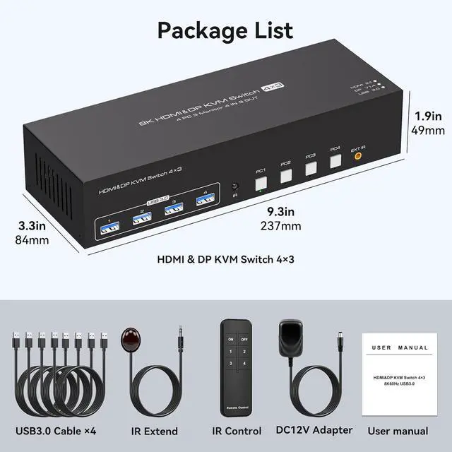 Alt view image 7 of 7 - 8K 2 Displayport HDMI KVM Switch 4 Computers 3 Monitors 4K144Hz for 4 PC Sharing Triple Monitor and 4 USB 3.0 Port Support Extended Copy Mode with ControllerNot Supporting EDID